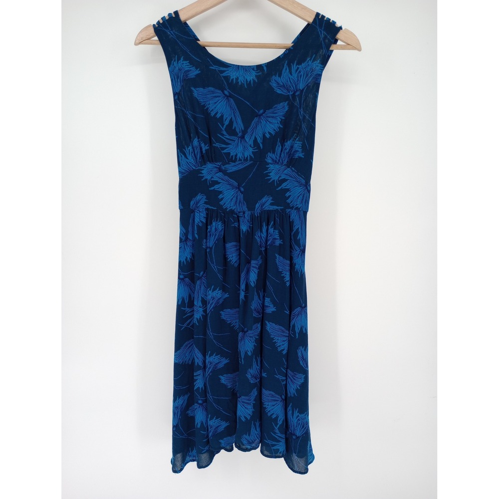 Maple Anthropologie Fit and‎ Flare Dress Womens 2 Blue Floral Strappy Cage Back